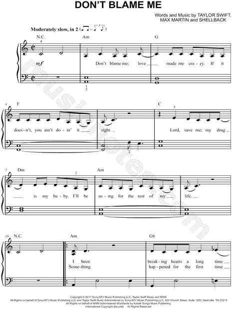 Taylor Swift Dont Blame Me Sheet Music Easy Piano In A