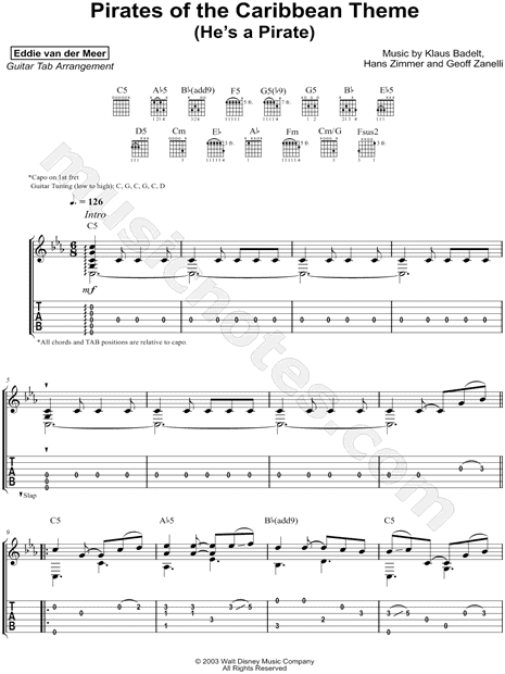 Eddie Van Der Meer Pirates Of The Caribbean Theme Guitar Tab In C Minor Download Print Sku Mn0181043