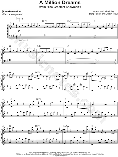 LittleTranscriber "A Million Dreams" Sheet Music (Piano Solo) in G