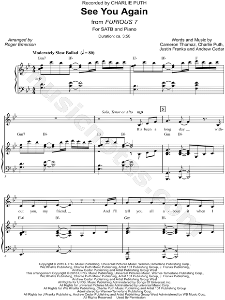 Wiz Khalifa Feat Charlie Puth See You Again Arr Roger Emerson Satb Choir Piano Choral Sheet Music In Bb Major Download Print Sku Mn0181178