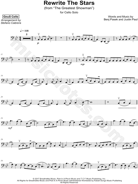 Gnus Cello Rewrite The Stars Sheet Music Cello Solo In Bb Major Download Print Sku Mn0181284