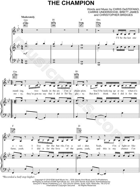 Frigøre snave Bror Carrie Underwood "The Champion" Sheet Music in G Minor (transposable) -  Download & Print - SKU: MN0181289