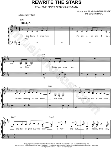 Polinizador claridad celebrar Rewrite the Stars" from 'The Greatest Showman' Sheet Music (Easy Piano) in  D Major (transposable) - Download & Print - SKU: MN0181690