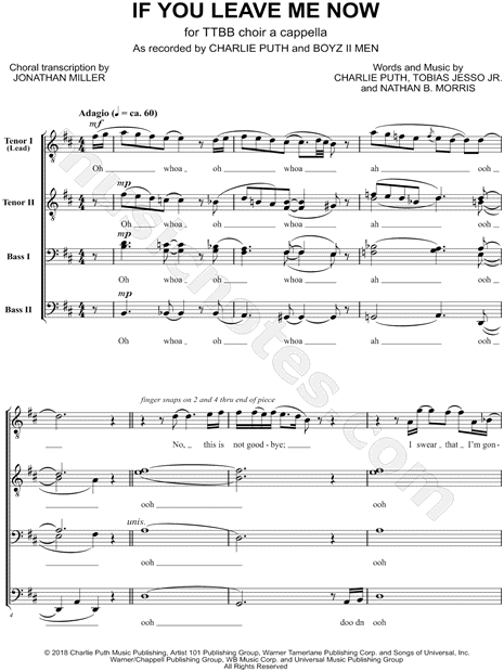 Charlie Puth Feat Boyz Ii Men If You Leave Me Now Arr Jonathan Miller Ttbb Choir A Cappella Choral Sheet Music In D Major Download Print Sku Mn