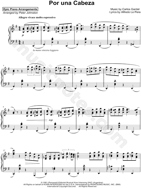 Epic Piano Arrangements Por Una Cabeza Sheet Music Piano Solo In G Major Download Print Sku Mn