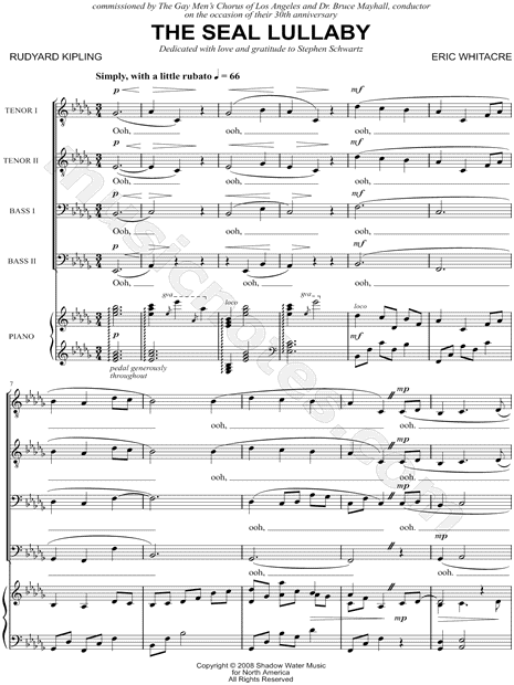 Eric Whitacre The Seal Lullaby Ttbb Choir Piano Choral Sheet Music In Db Major Download Print Sku Mn0185057 This song is by seal and appears on the live album one night to remember (2006). gbp