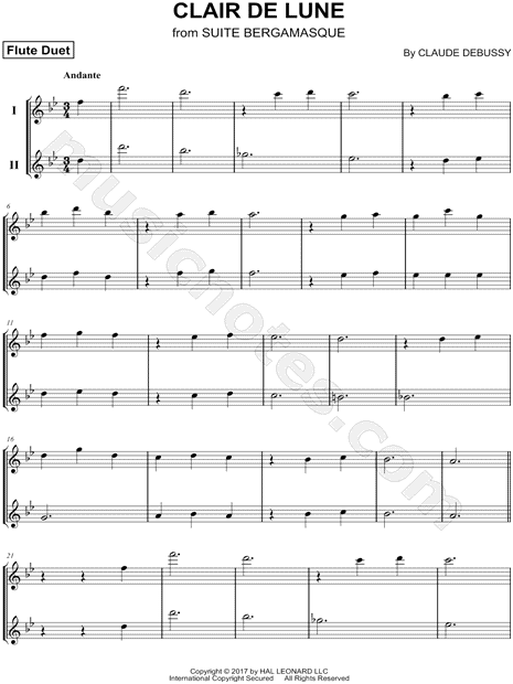 Claude Debussy Clair De Lune Flute Duet Sheet Music In Major Download Print Sku Mn