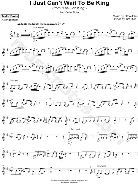 Taylor Davis I Just Can T Wait To Be King Sheet Music Violin Solo In G Major Download Print Sku Mn