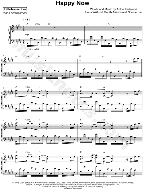 Littletranscriber Happy Now Sheet Music Piano Solo In E Major