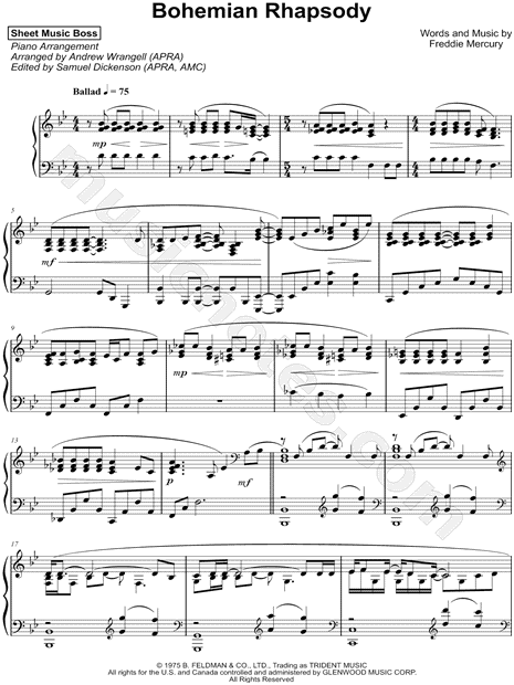 Sheet Music Boss "Bohemian Rhapsody" Sheet Music (Piano Solo) in Bb Major - & Print - SKU: MN0188957