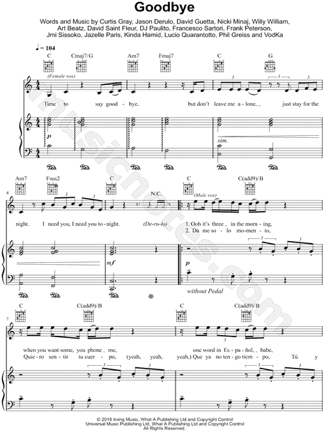 Jason Derulo David Guetta Feat Nicki Minaj Willy William Goodbye Sheet Music In C Major Transposable Download Print Sku Mn0189037 Ooh it's 3 in the morning when you want some you phone me? aud