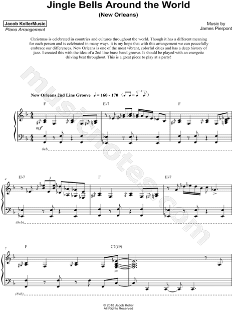 Jacob Koller "Jingle Bells Around the World (New Orleans)" Sheet Music (Piano Solo) in F Major ...