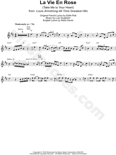 Louis Armstrong La Vie En Rose Sheet Music Trumpet Solo In D Major Download Print Sku Mn