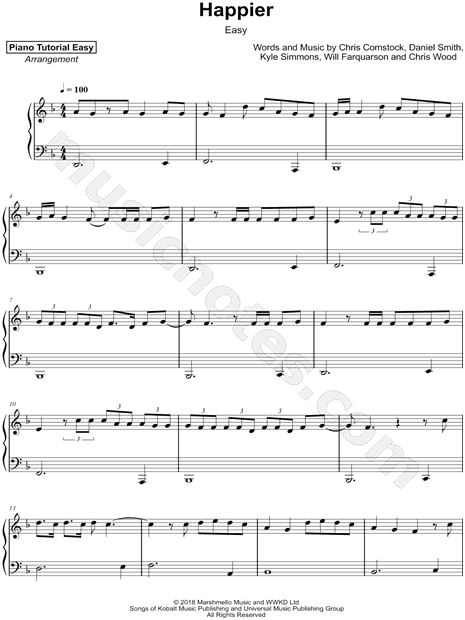 Piano Tutorial Easy "Happier [easy]" Sheet Music (Piano Solo) in D