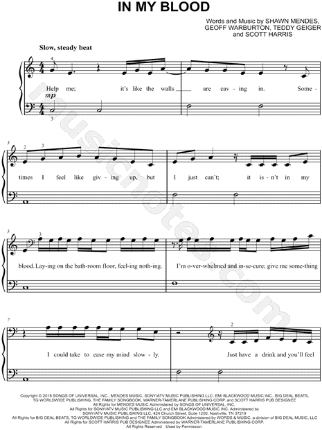 Shawn Mendes In My Blood Sheet Music Easy Piano In C Major