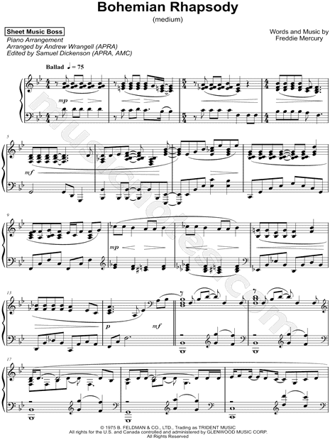En detalle nadie manejo Sheet Music Boss "Bohemian Rhapsody [medium]" Sheet Music (Piano Solo) in  Bb Major - Download & Print - SKU: MN0189923