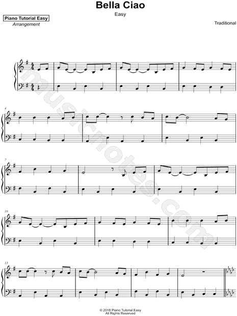 Piano Tutorial Easy Bella Ciao Easy Sheet Music Piano Solo In E Minor Download Print Sku Mn