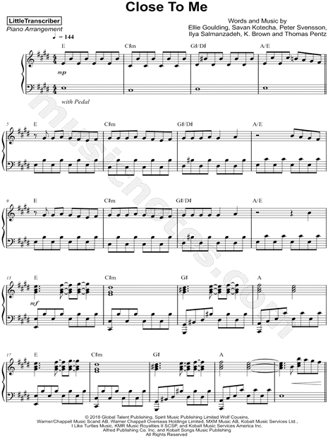 Littletranscriber Close To Me Sheet Music Piano Solo In E