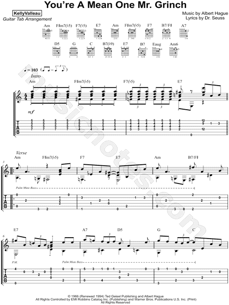 Kelly Valleau You Re A Mean One Mr Grinch Guitar Tab In A Minor Download Print Sku Mn