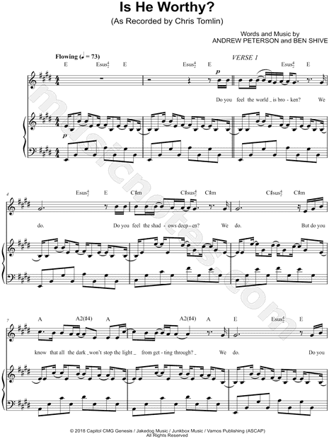 Chris Tomlin "Is He Worthy?" Sheet Music in E Major (transposable