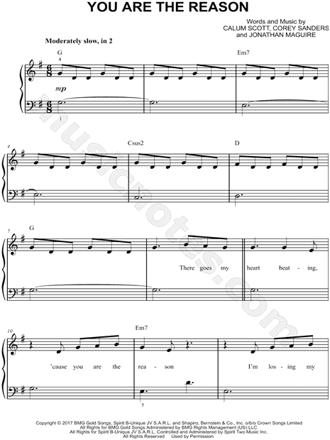 Calum Scott You Are The Reason Sheet Music Easy Piano In G Major Download P...