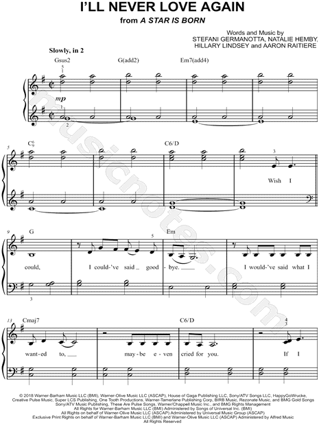 "I'll Never Love Again" from 'A Star Is Born 2018' Sheet Music (Easy Piano) in G Major ...