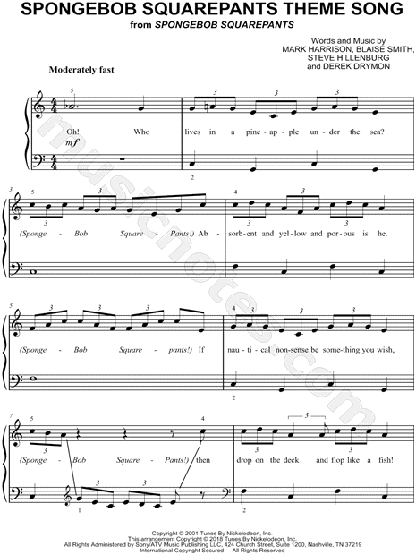Sumergir pasado cocinar SpongeBob SquarePants Theme Song" from 'SpongeBob SquarePants' Sheet Music  (Easy Piano) in C Major - Download & Print - SKU: MN0191066