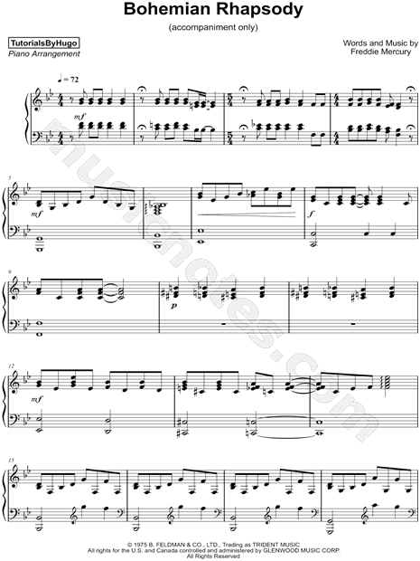 Santuario Sustancial Dólar TutorialsByHugo "Bohemian Rhapsody [accompaniment only]" Sheet Music (Piano  Solo) in Bb Major - Download & Print - SKU: MN0191079