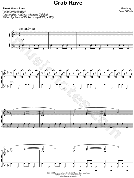 Sheet Music Boss Crab Rave Sheet Music Piano Solo In D Minor Download Print Sku Mn0191234