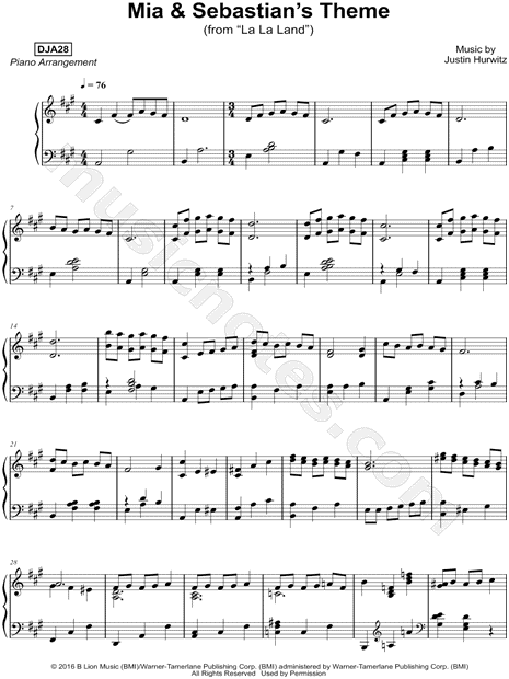 DJA28 "Mia & Sebastian's Theme" Sheet Music (Piano Solo) in A Major