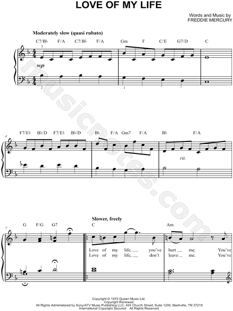 Queen Love Of My Life Sheet Music Easy Piano In F Major Download Print Sku Mn