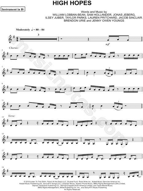 Panic At The Disco High Hopes Bb Instrument Sheet Music Trumpet Clarinet Soprano Saxophone Or Tenor Saxophone In G Major Download Print Sku Mn0192611 - roblox song id high hopes panic at the disco roblox free