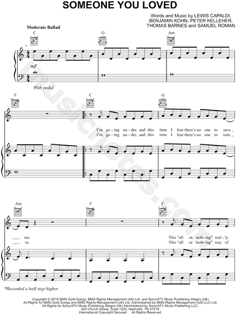 Piano/Vocal/Guitar Sheet Music Single Someone You Loved Lewis Capaldi