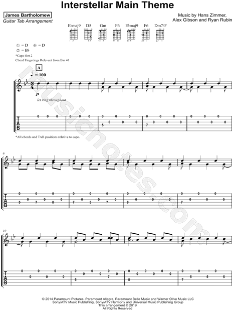 Print and download James Bartholomew Interstellar Main Theme Guitar TAB. 