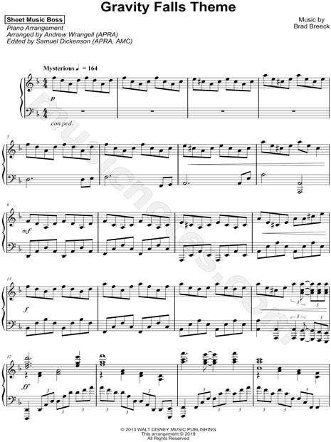 Sheet Music Boss Gravity Falls Main Title Sheet Music Piano Solo In D Minor Download Print Sku Mn0193593