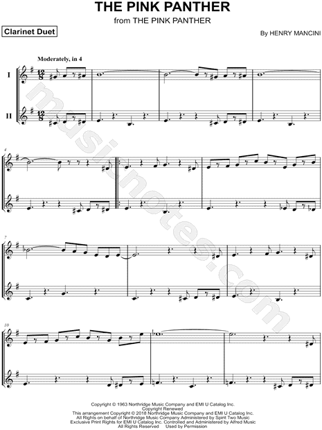 Pink Panther - Clarinet Duet sheet music composed by Henry Mancini arranged...