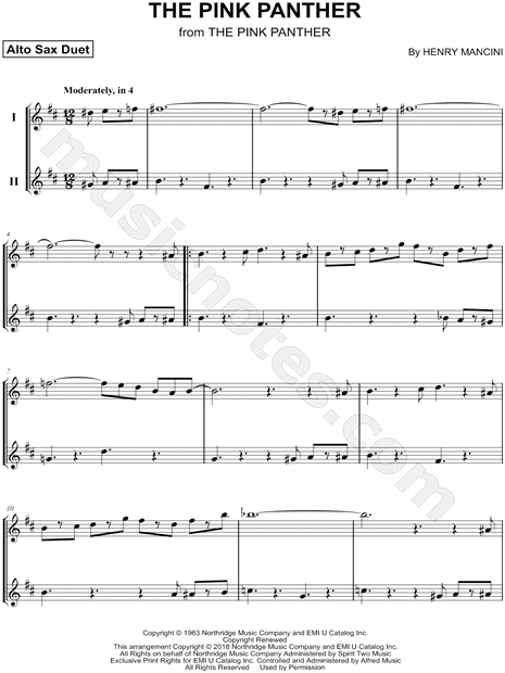 Henry Mancini The Pink Panther Alto Saxophone Duet Sheet Music In B Minor Download Print Sku Mn0194683