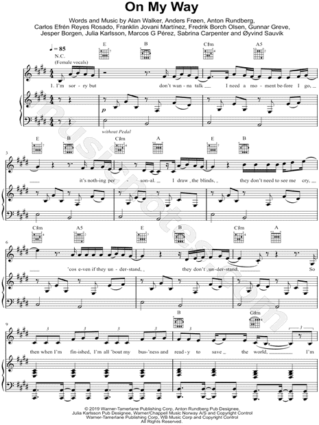 Alan Walker Sabrina Carpenter Farruko On My Way Sheet Music In E Major Transposable Download Print Sku Mn