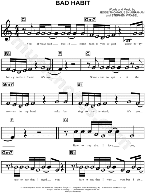 Ben Platt "Bad Habit" Sheet Music for Beginners in C Major - Download