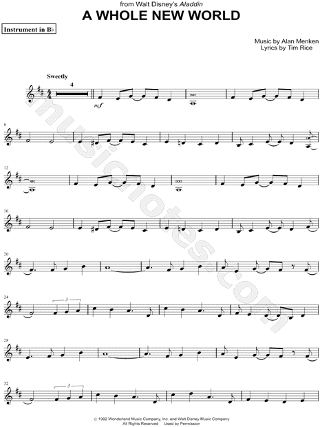 A Whole New World Instrument From Aladdin Sheet Music Trumpet Clarinet Soprano Saxophone Or Tenor Saxophone In D Major Download Print Sku Mn