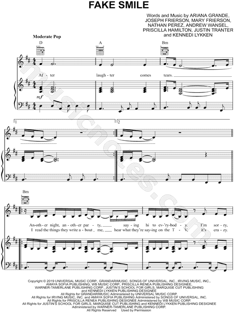 Ariana Grande "fake smile" Sheet Music in D Major ...
