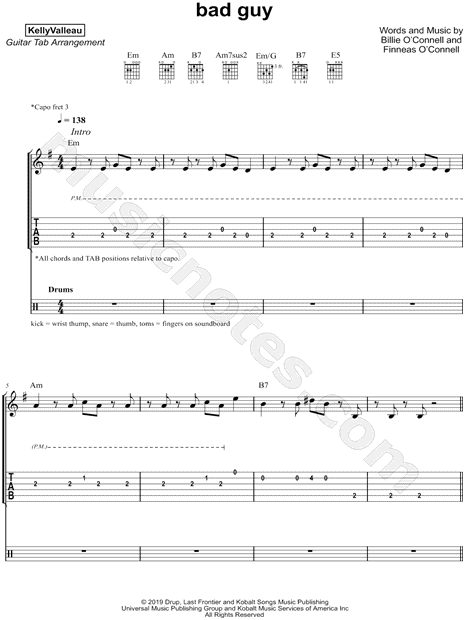 Print and download Kelly Valleau bad guy Guitar TAB. 