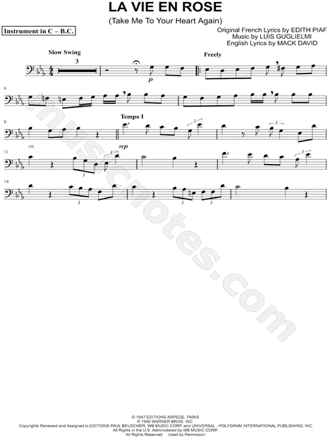 Edith Piaf La Vie En Rose Bass Clef Instrument Sheet Music Cello Trombone Bassoon Baritone Horn Or Double Bass In Eb Major Download Print Sku Mn