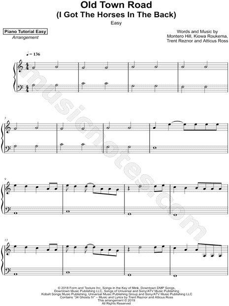 Old Town Road Piano Sheet Music With Letters