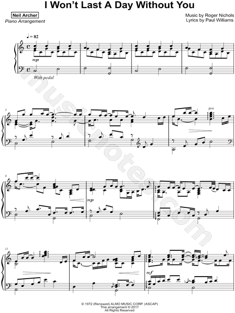 Neil Archer I Won T Last A Day Without You Sheet Music Piano Solo In C Major Download Print Sku Mn