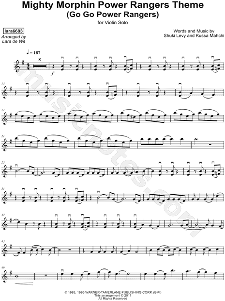 lara6683 "Mighty Morphin Power Rangers" Sheet Music (Violin Solo) in E