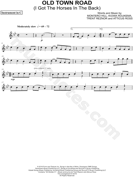 Lil Nas X Old Town Road C Instrument Sheet Music Flute