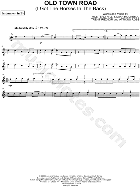Lil Nas X Old Town Road Bb Instrument Sheet Music Trumpet