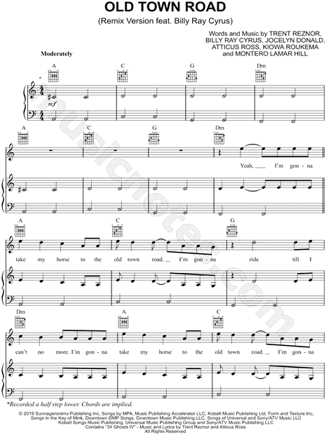 Lil Nas X Feat Billy Ray Cyrus Old Town Road Remix Sheet Music In C Major Transposable Download Print Sku Mn0197242 - old town road roblox music sheet