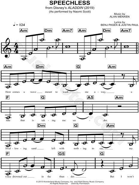 Speechless From Aladdin 19 Sheet Music For Beginners In A Minor Download Print Sku Mn